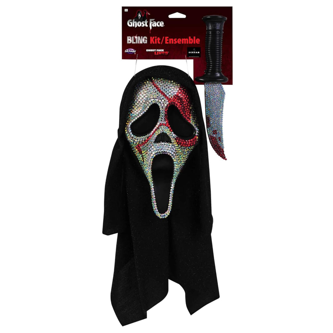 Halloween costume accessory set featuring a black ghost face mask covered in rhinestones, a black hood, and a black knife with a rhinestone-studded blade, shown with retail packaging on a white background.
