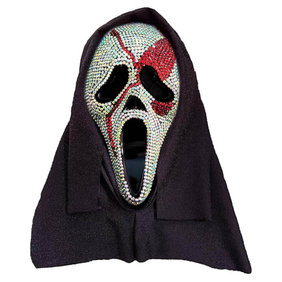 A Ghost Face-style costume mask covered in rhinestones, with a black hood draped over the shoulders, shown against a plain white background.