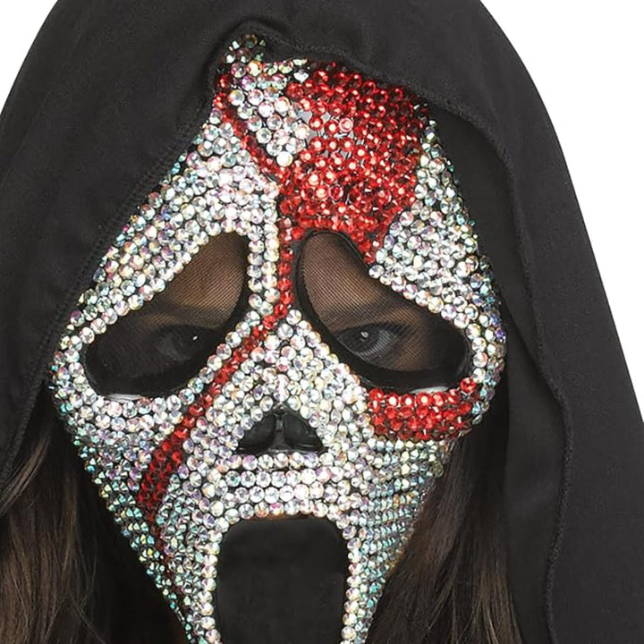 Mask with red and silver rhinestones and black shroud