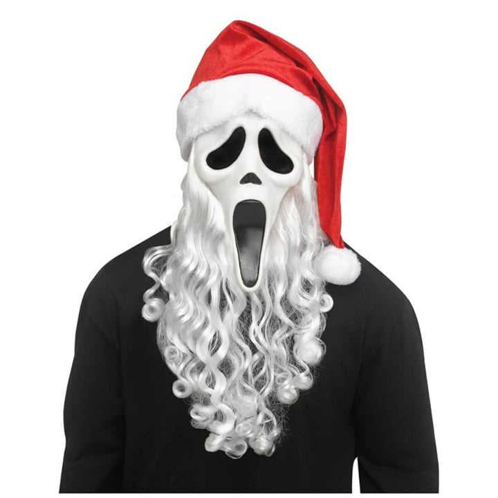Person wearing a fancy dress Ghost Face Santa mask with red hat and white beard
