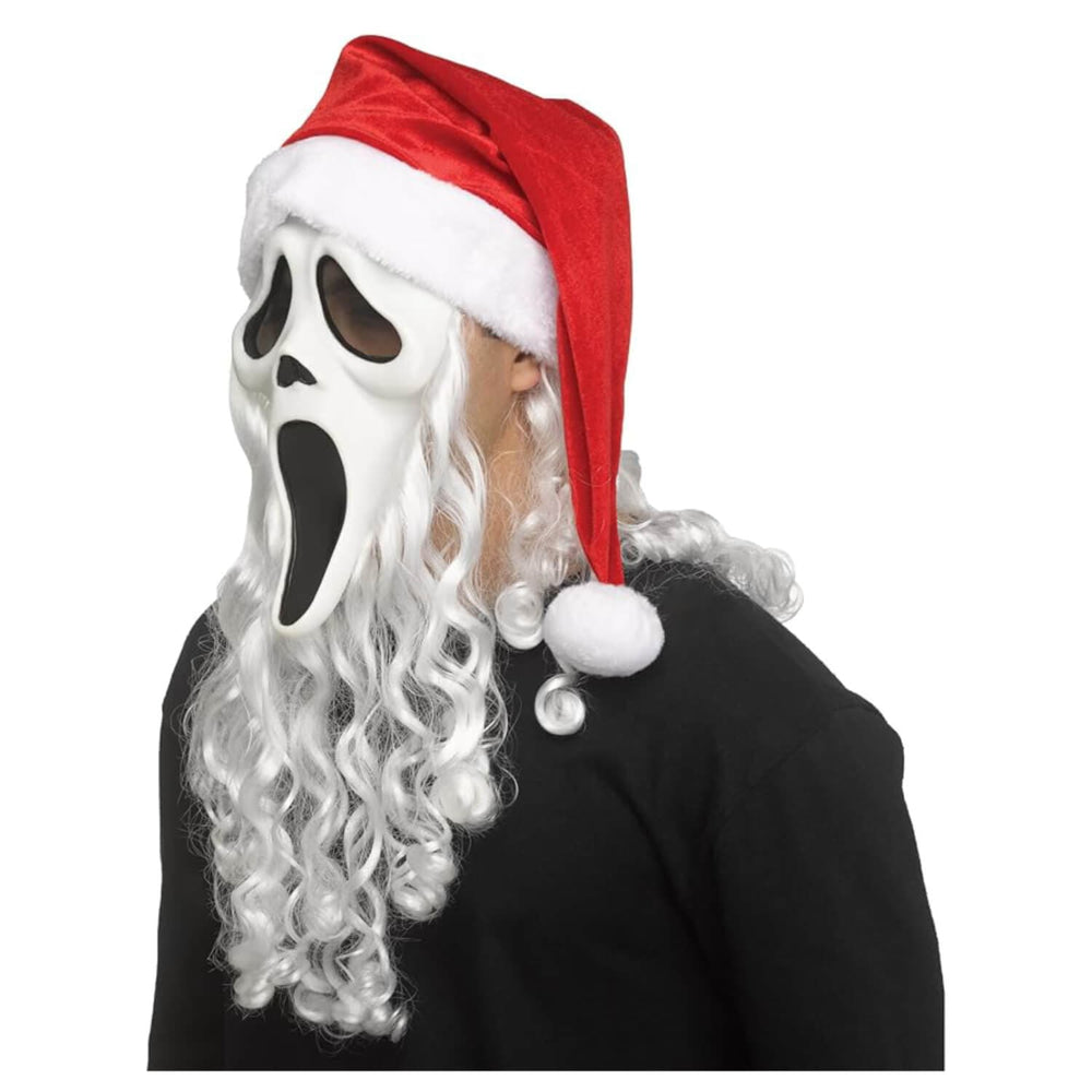 A person wearing a Ghost Face-style Halloween mask, a red Santa hat with white trim, a long white curly wig, and a black top, shown against a plain white background.