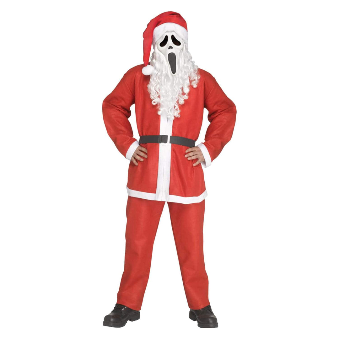 A person modeling a Ghostface-style Santa Claus costume on a plain white background. The costume includes a red Santa suit with white trim, a black belt, a red Santa hat, a long white beard, and black shoes.