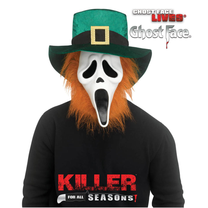 Person wearing a Ghost Face mask with green hat and ginger beard with Killer for all seasons text