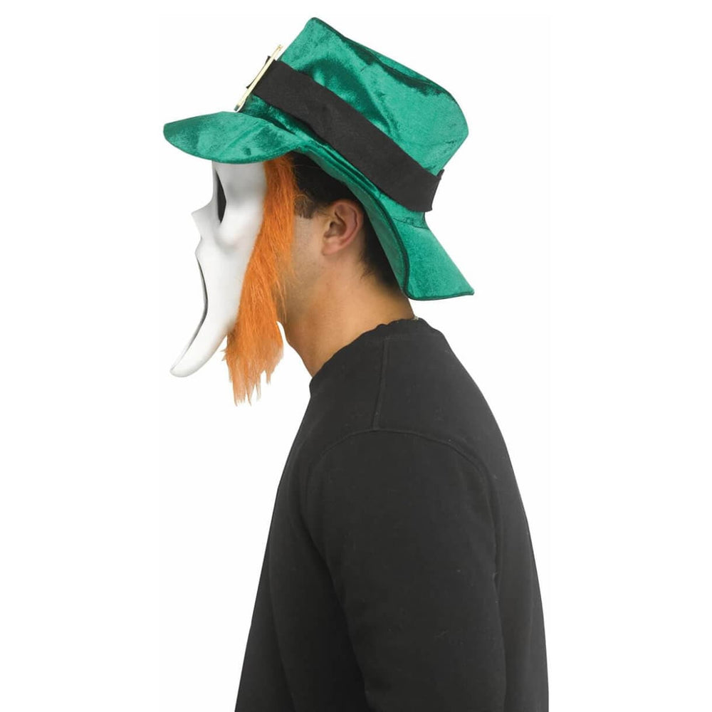 Profile of a person wearing a Ghost Face mask with attached ginger beard and green top hat