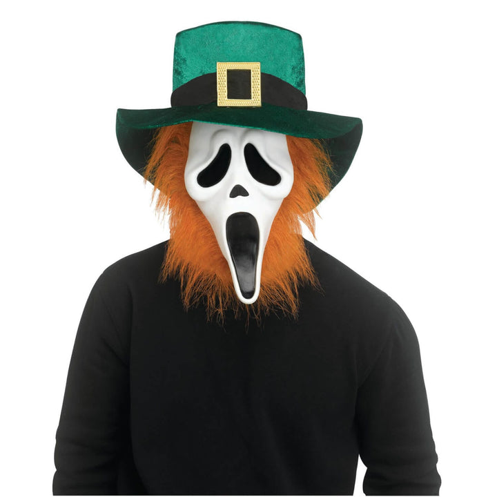 Person wearing a Ghost Face Leprechaun Mask with ginger beard and green top hat for St Patrick&