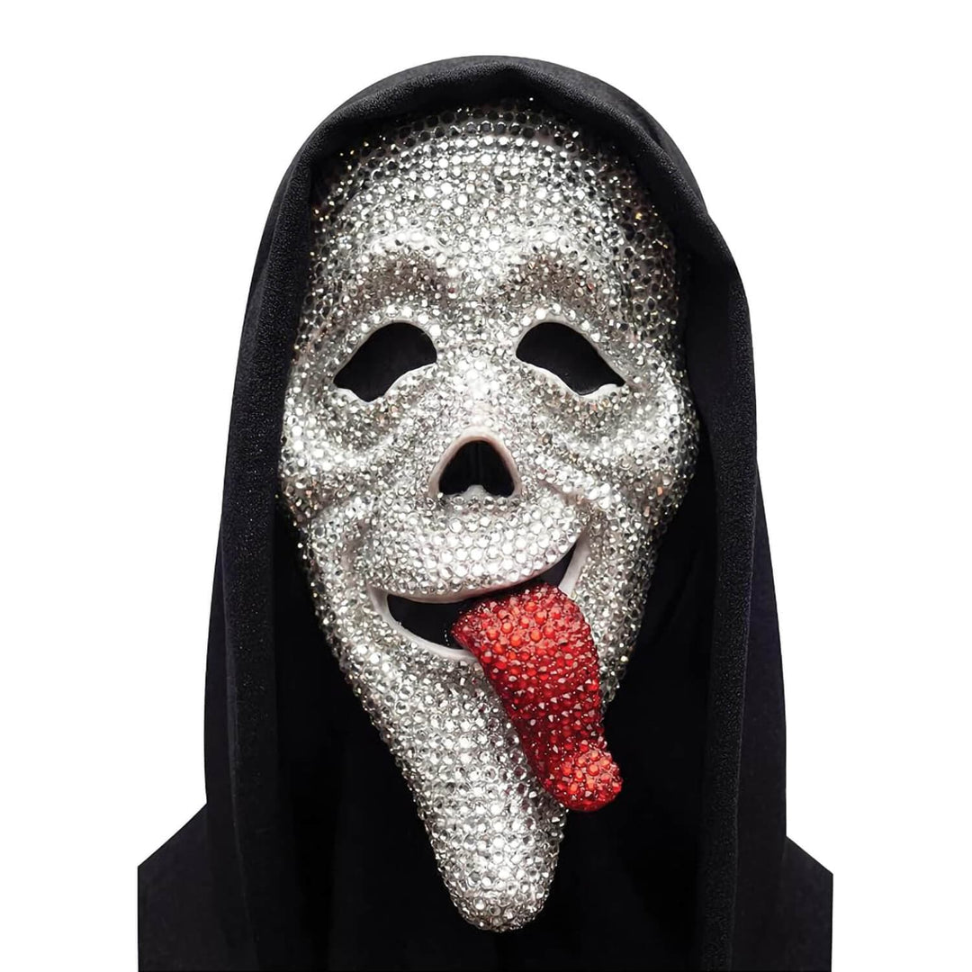 A hooded Scary Movie ghost mask covered in silver rhinestones with a red rhinestone tongue, displayed against a plain white background.