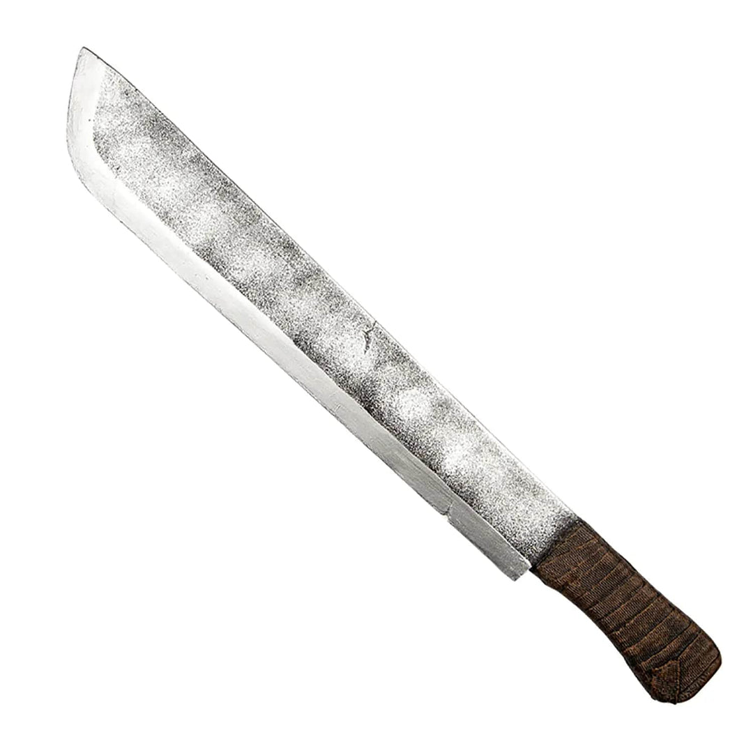 large deluxe plastic machete with weathered look steel blade and wood effect handle Halloween prop