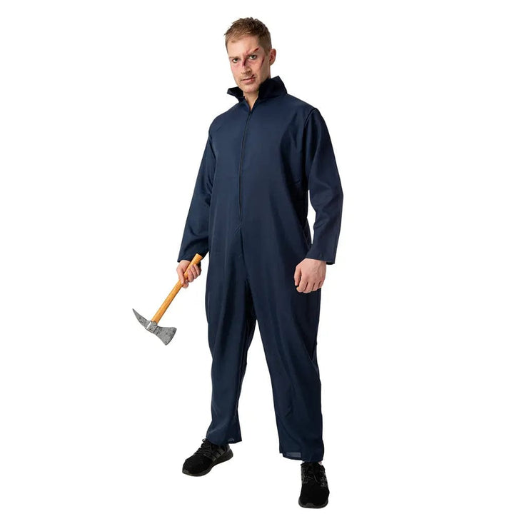 man dressed in a blue boiler suit carrying a pick axe halloween prop