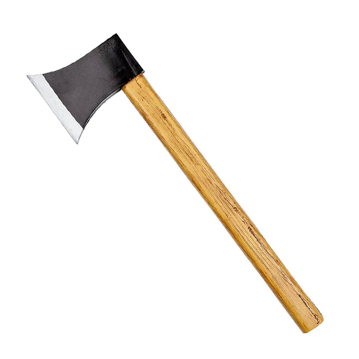 Plastic chopping axe with black and silver blade and wood grain effect handle Halloween prop