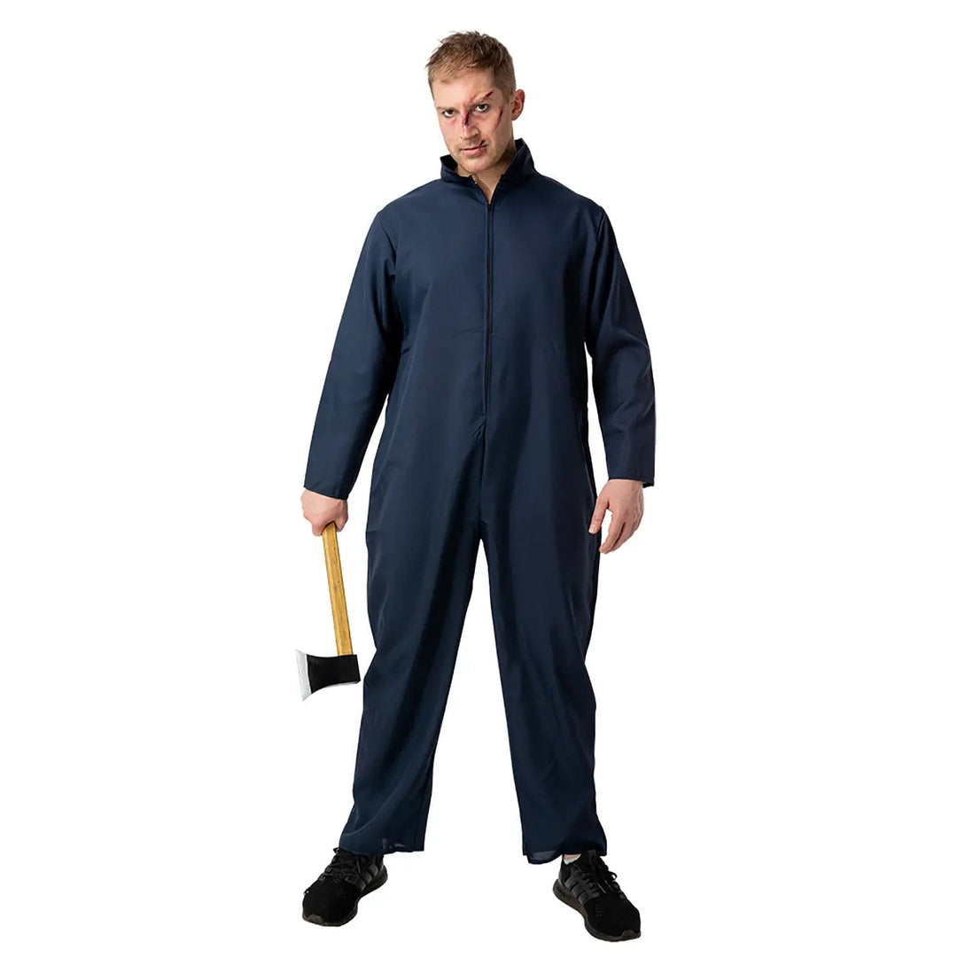 Man in a navy boiler suit Halloween costume holding a plastic chopping axe prop