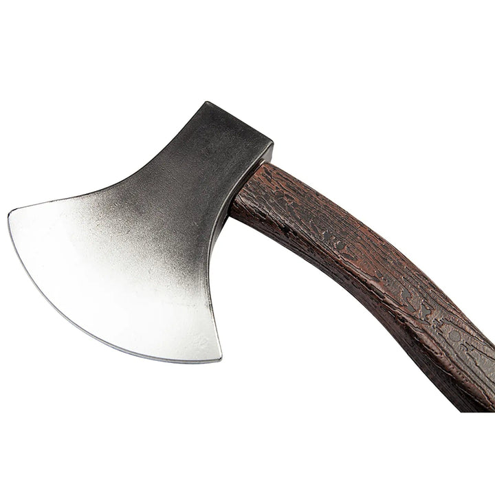 Close up of a plastic Halloween axe prop with grey and silver blade and fine detail wood grain effect handle