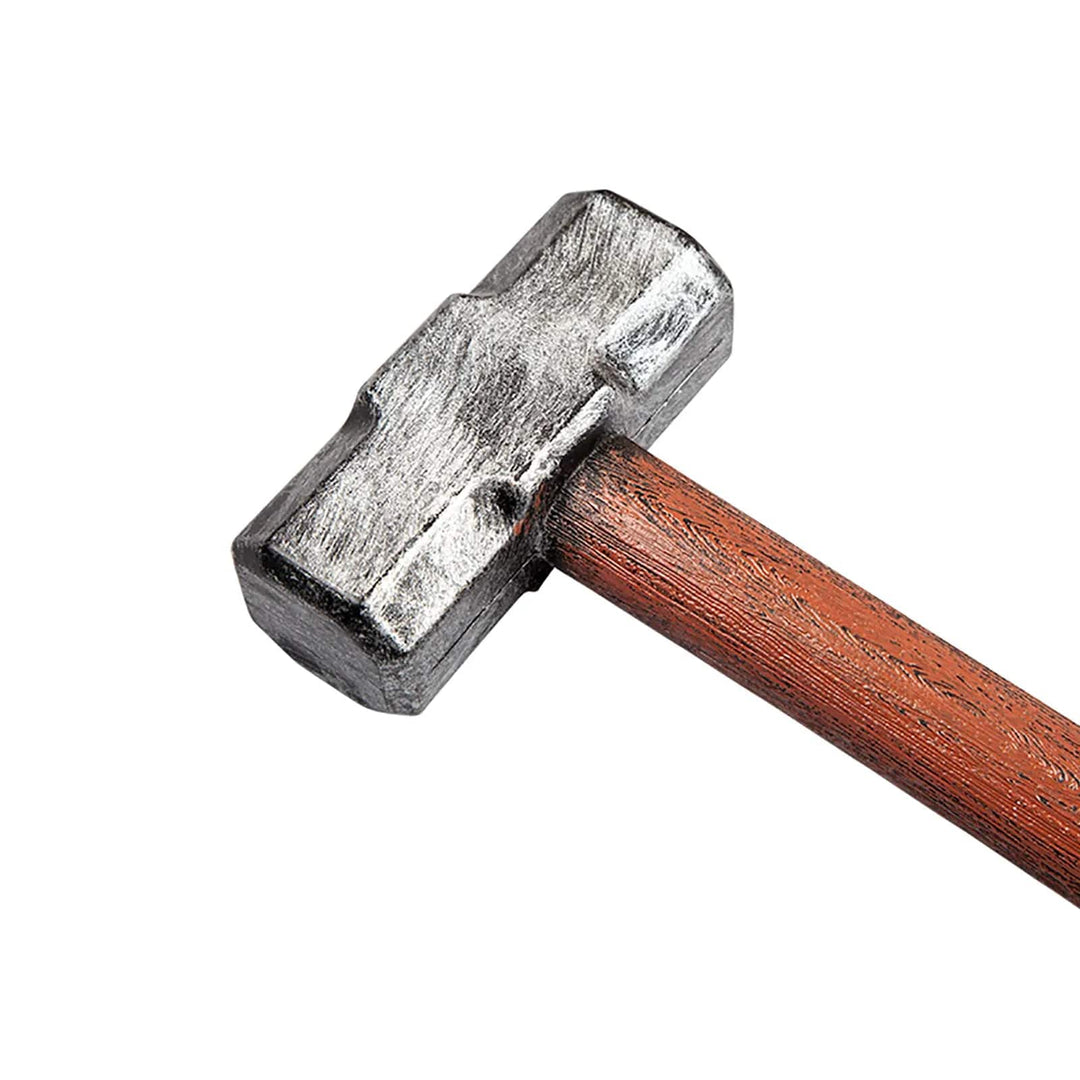 Close up of the silver metallic look head of a plastic sledgehammer