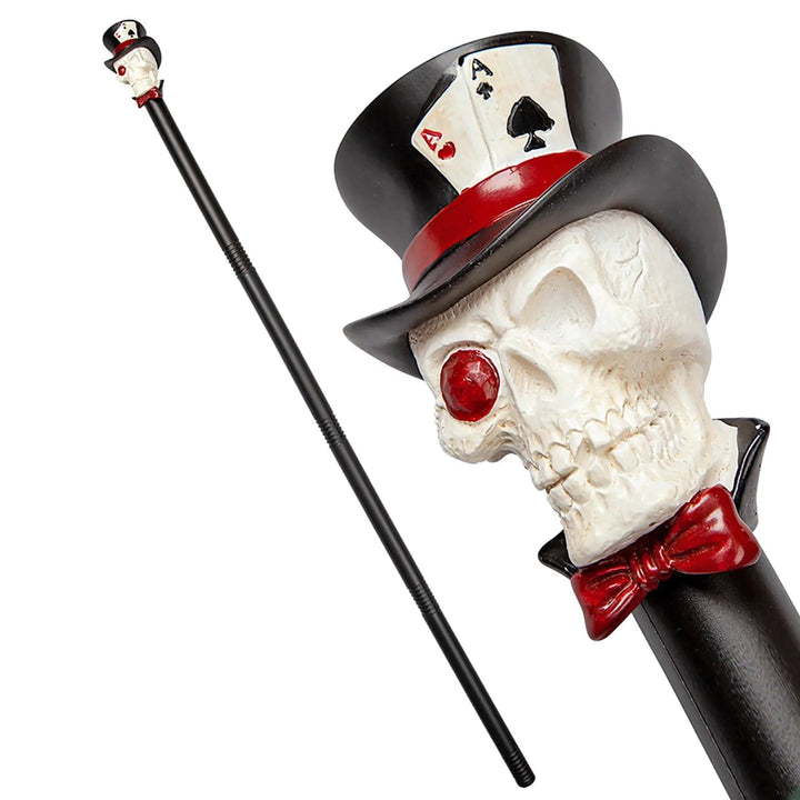 Halloween cane prop with white skull with red eye, red bow tie and black top hat