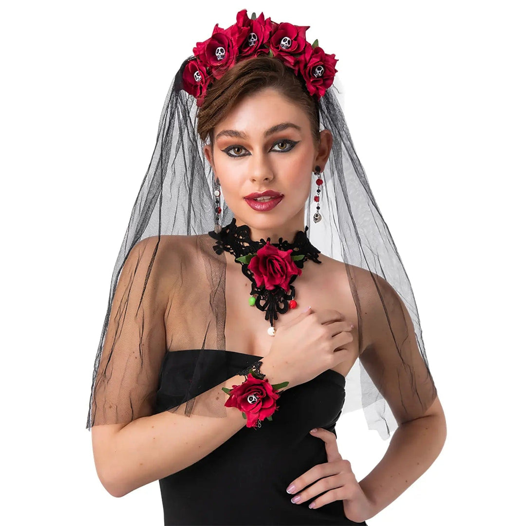 Lady wearing a black veil with red rose headband, black lace neck choker, skeleton earrings and red rose corsage for Day of the Dead celebrations