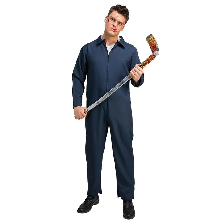 Man dressed in dark blue overalls holding a plastic blood spattere hockey stick for killer Halloween costumes