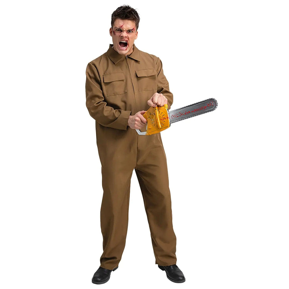 Man wearing brown overalls, holding a blood spattered plastic chainsaw prop for Halloween parties