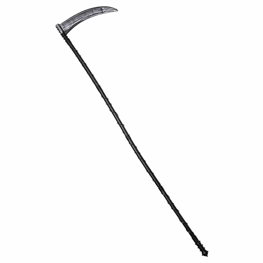 lang handle plastic scythe in black with silver effect blade for Grim Reaper fancy dress costumes