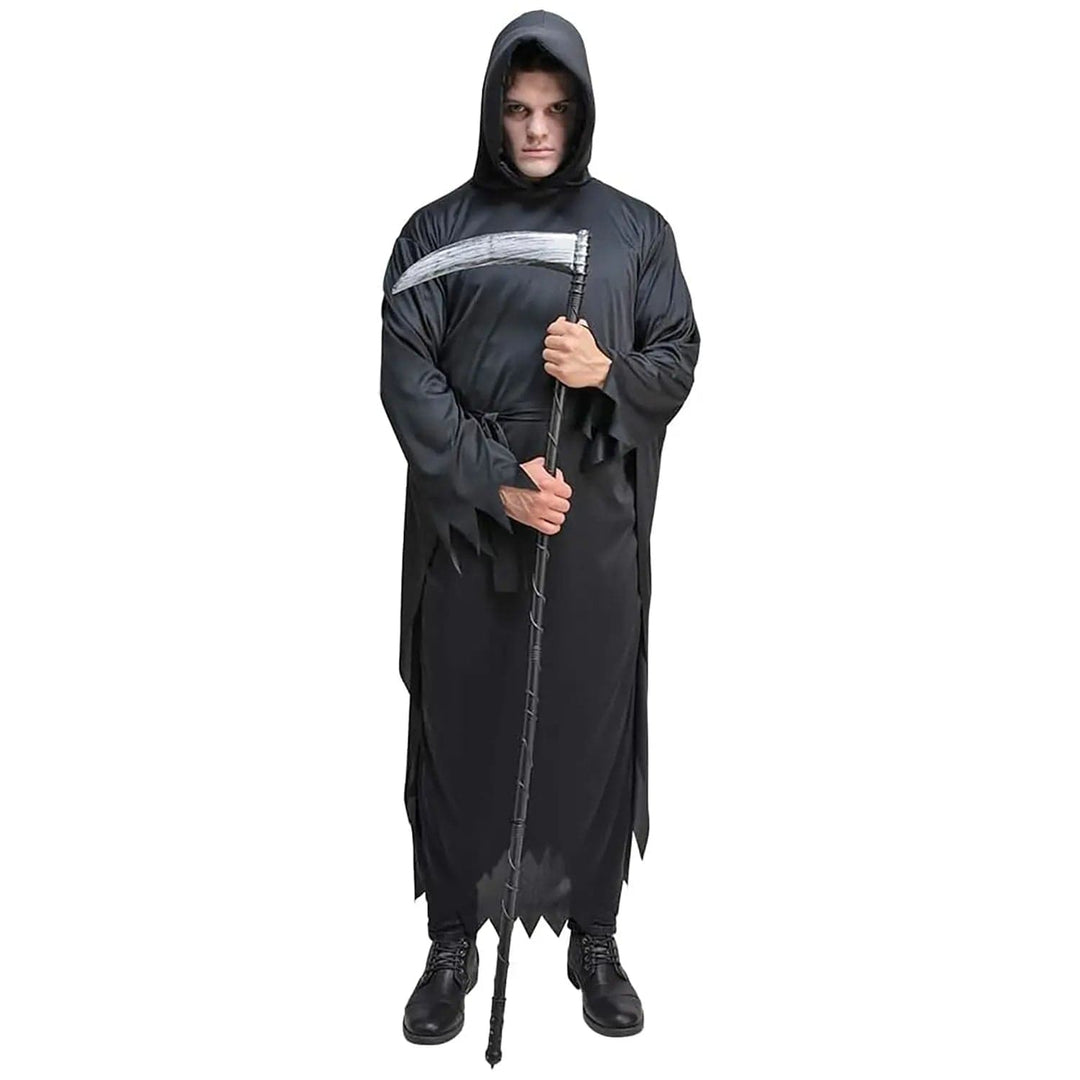 Man wearing a Grim Reaper Halloween costume holding a plastic scythe accessory