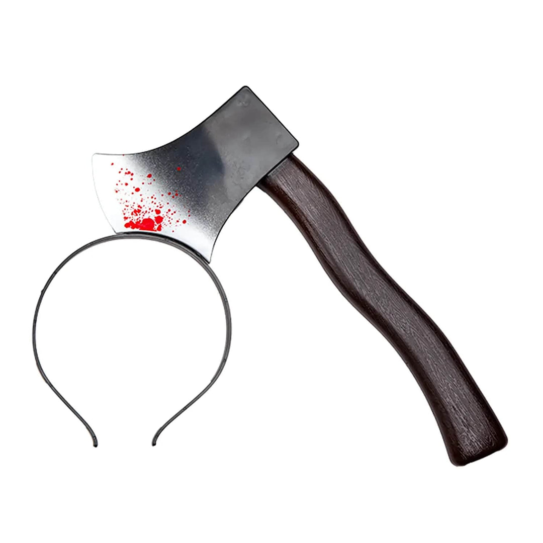 Plastic bloody axe horror prop on a headband for Halloween costumes 