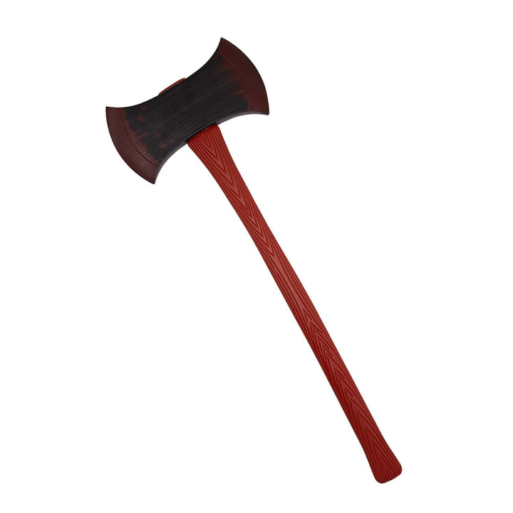 Double sided axe with wood grain effect handle and blood stained blade for Halloween