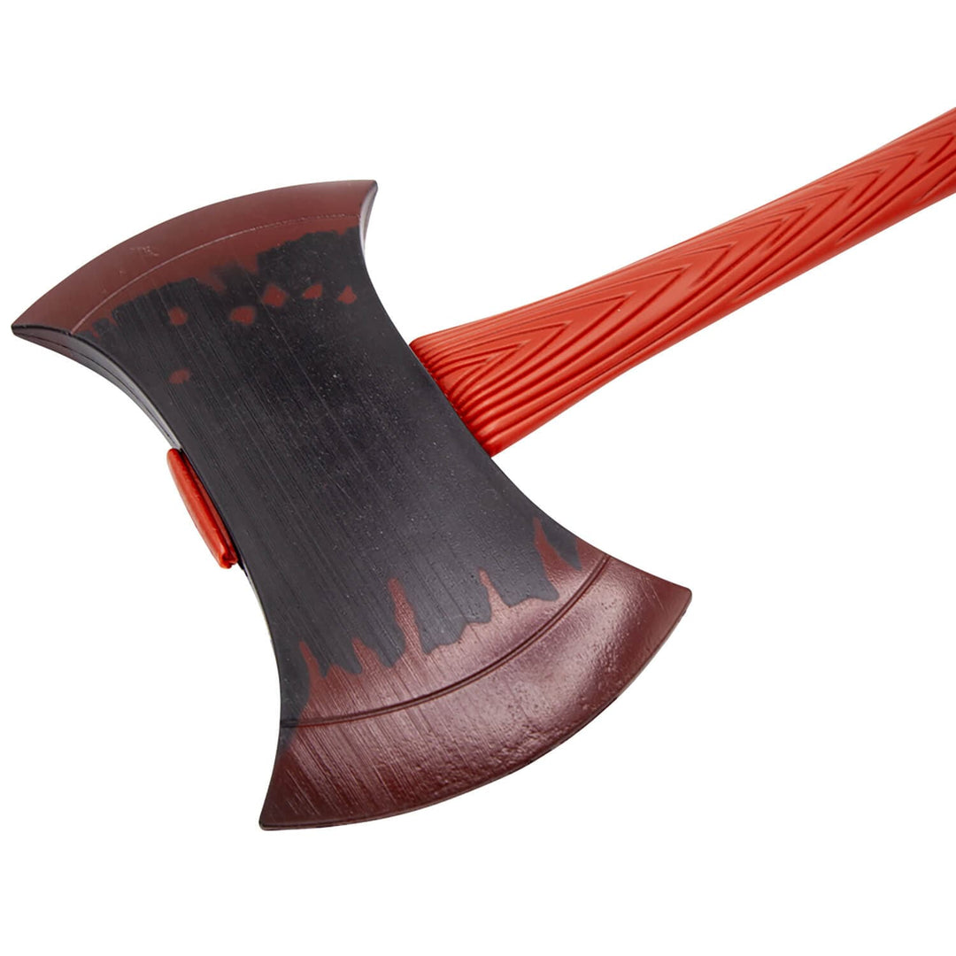 Close up of a double headed axe prop with blood stain effect blade