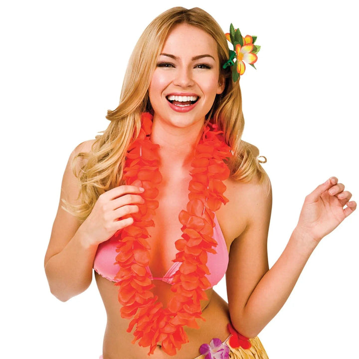 Lady wearing an orange flower Hawaiian lei garland for fancy dress parties