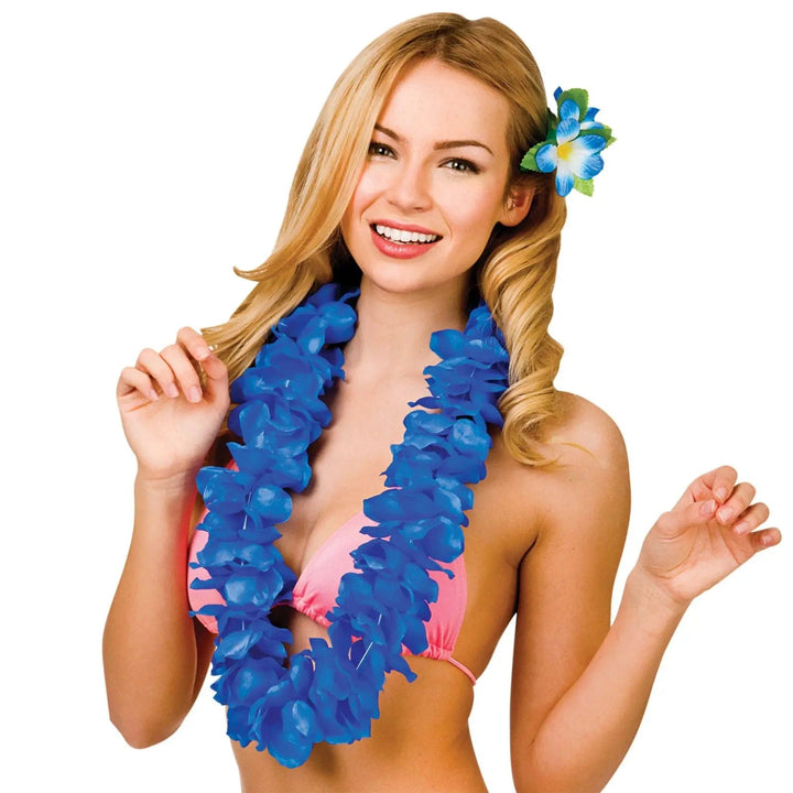 Woman wearing a blue flower Hawaiia lei garland for fancy dress costumes