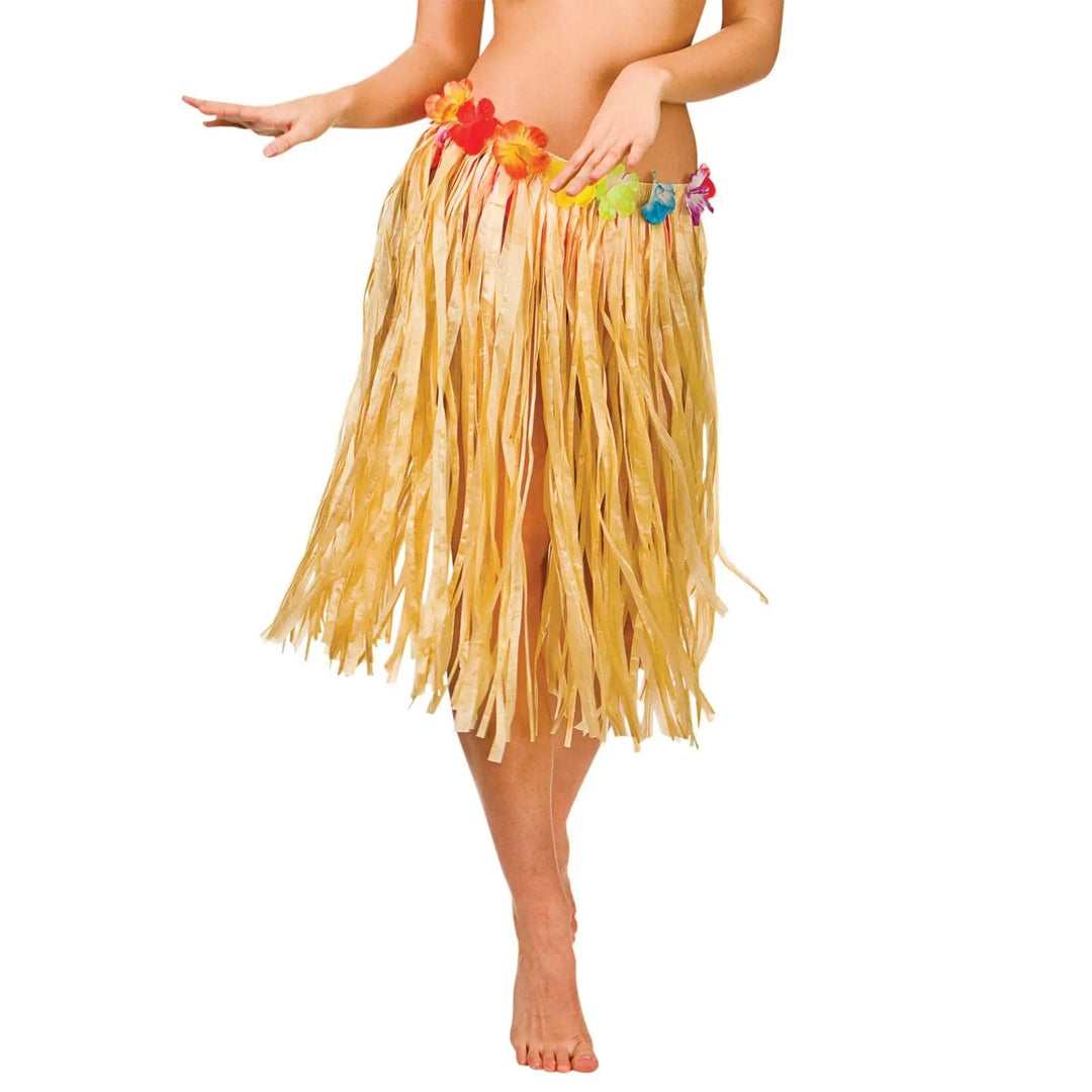 woman wearing a Hawaiian style grass skirt with flower waistband for fancy dress and beach parties