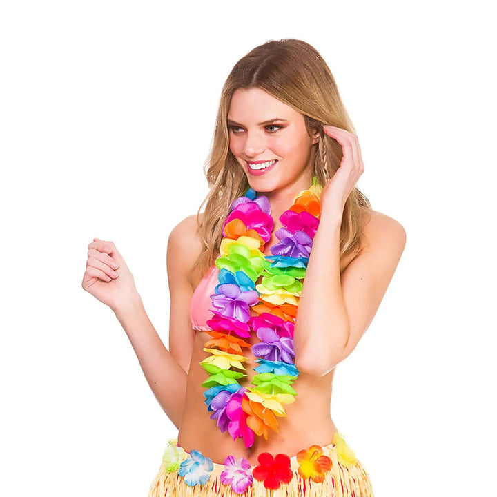 Lady wearing a rainbow coloured Hawaiian lei flower garland for fancy dress and beach parties