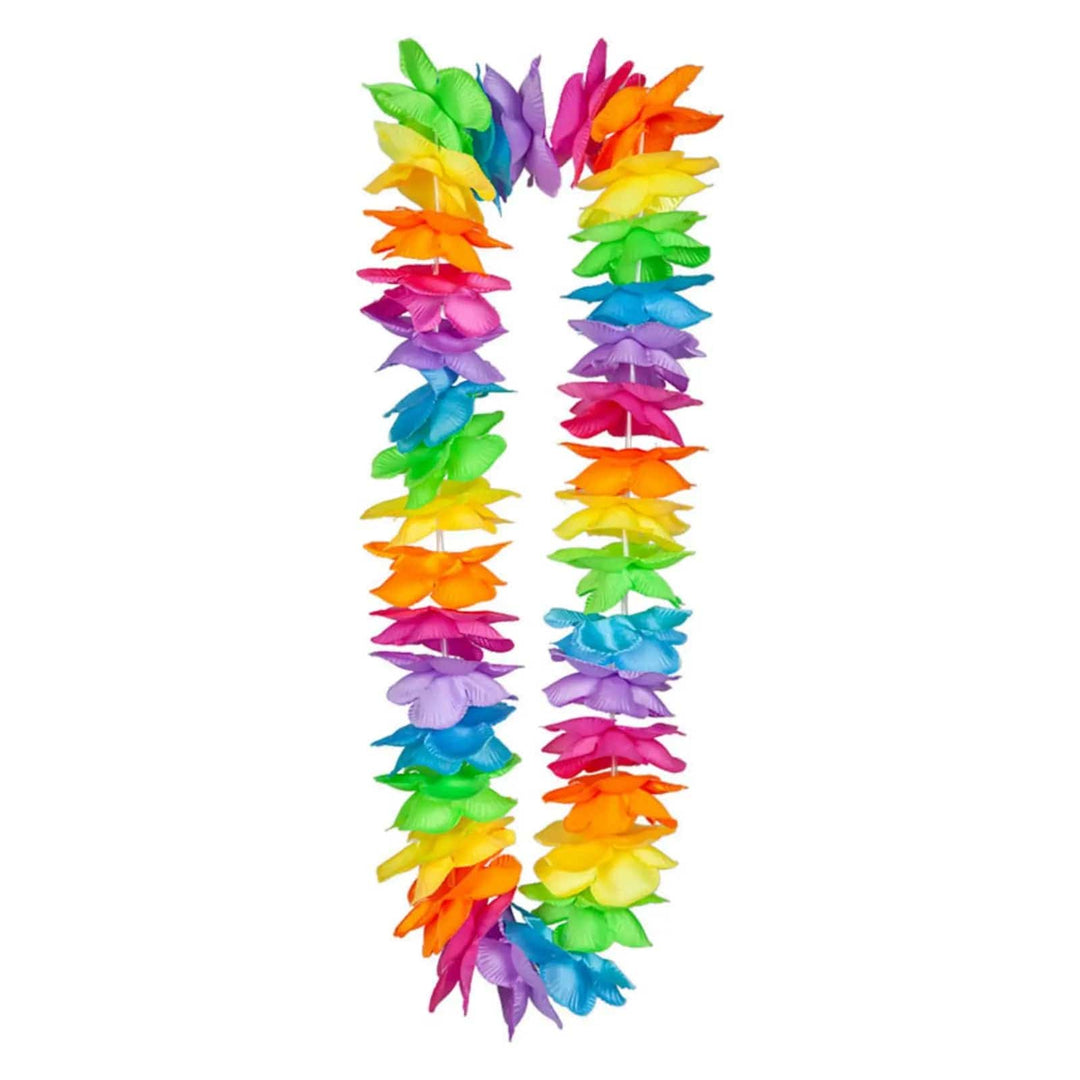 Artificial flower garland with rainbow colour petals for Hawaiian fancy dress and beach parties