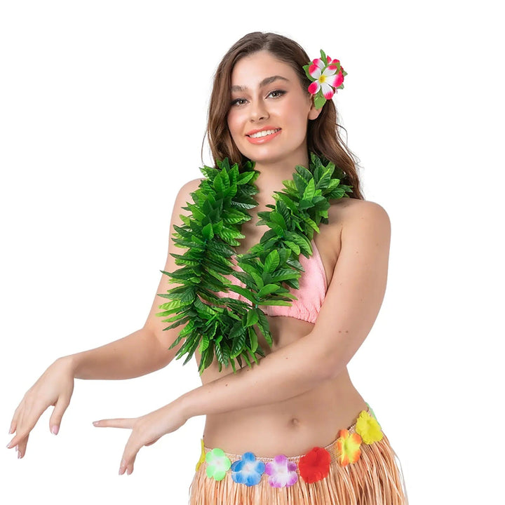 Woman wearing a green leaf garland, flower hair clip and grass skirt for Hawaiian theme fancy dress parties