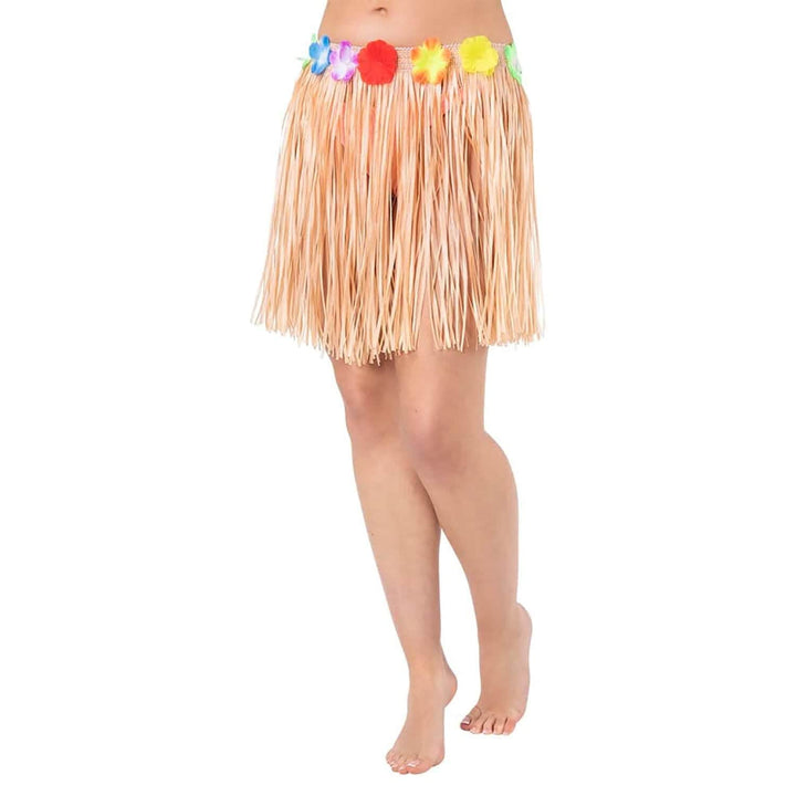 Short Hula Grass Skirt With Flowers Hawaiian Beach Party 40cm Natural