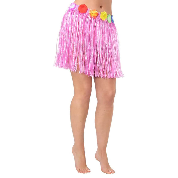 Short Hula Grass Skirt With Flowers Hawaiian Beach Party 40cm Pink