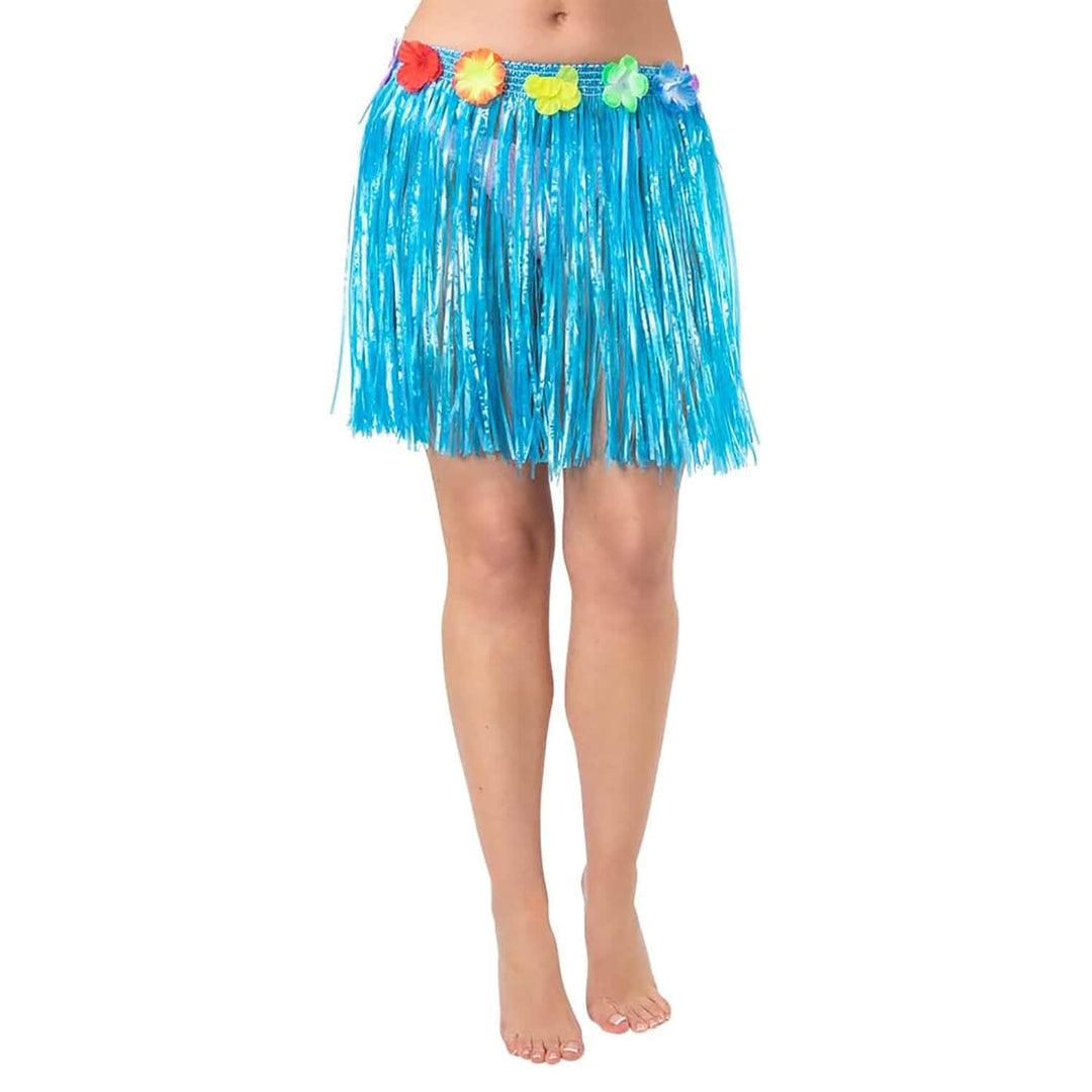 Short Hula Grass Skirt With Flowers Hawaiian Beach Party 40cm Blue