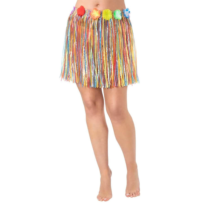 Short Hula Grass Skirt With Flowers Hawaiian Beach Party 40cm Multi