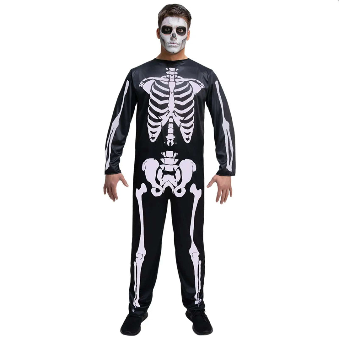 Man wearing a skeleton jumpsuit with white bones print for Halloween or Day of the Dead festivals