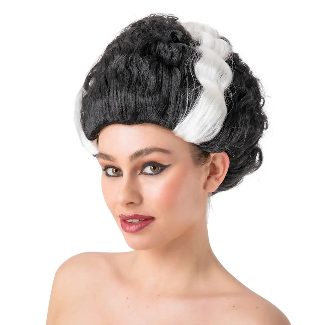 Female model wearing a black wig with white stripe of hair for frankenstein bride fancy dress costumes