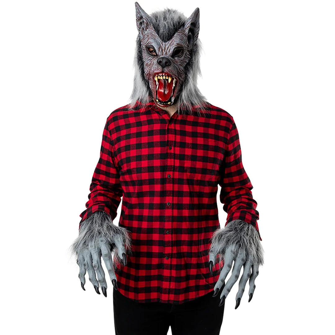 Adult wearing a werewolf mask and gloves set for Halloween fancy dress costumes