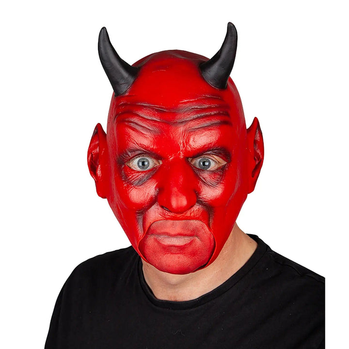 Red devil mask with horns, pointed ears and cut away mouth