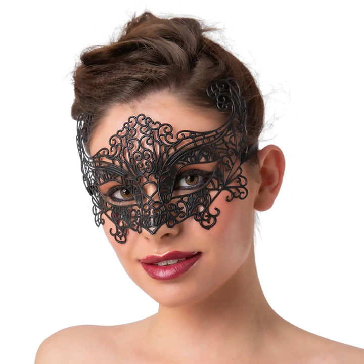 Lady wearing a black filigree eye mask for masquerade balls and Halloween parties