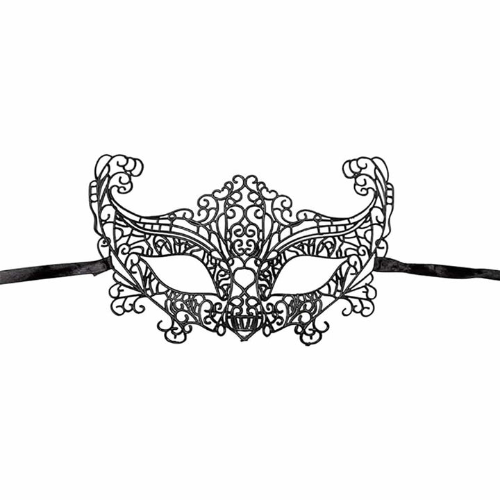 Black cut away eye mask with fine detailing abd black ribbon ties