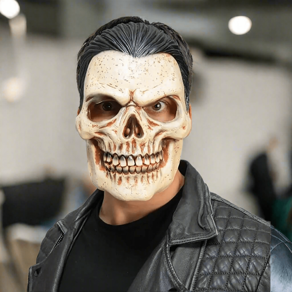 Skull Mask With Black Hair Full Head Latex Horror Fancy Dress