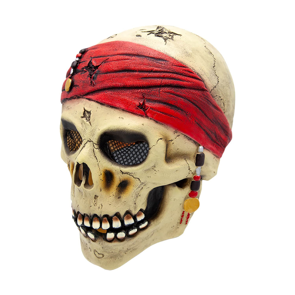 Skull with red bandana and coloured beads decorations on a white background