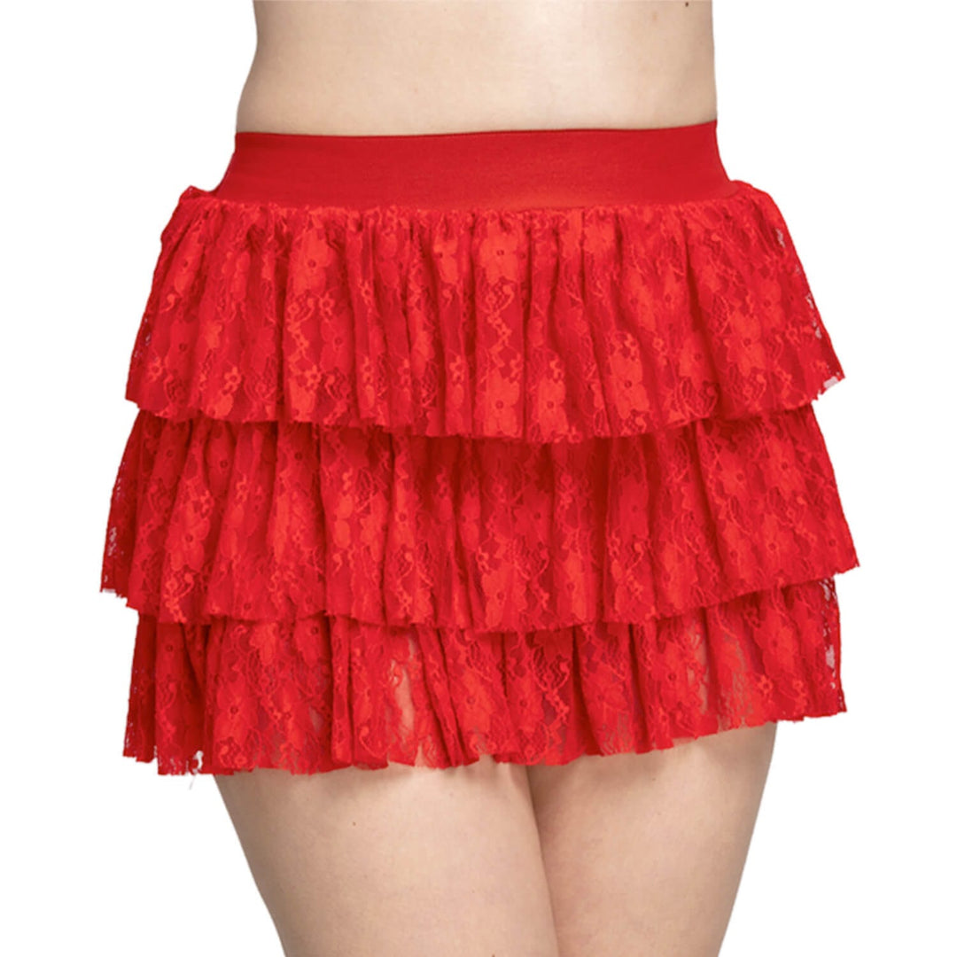 Person wearing a triple layer red lace ra-ra skirt for fancy dress costumes