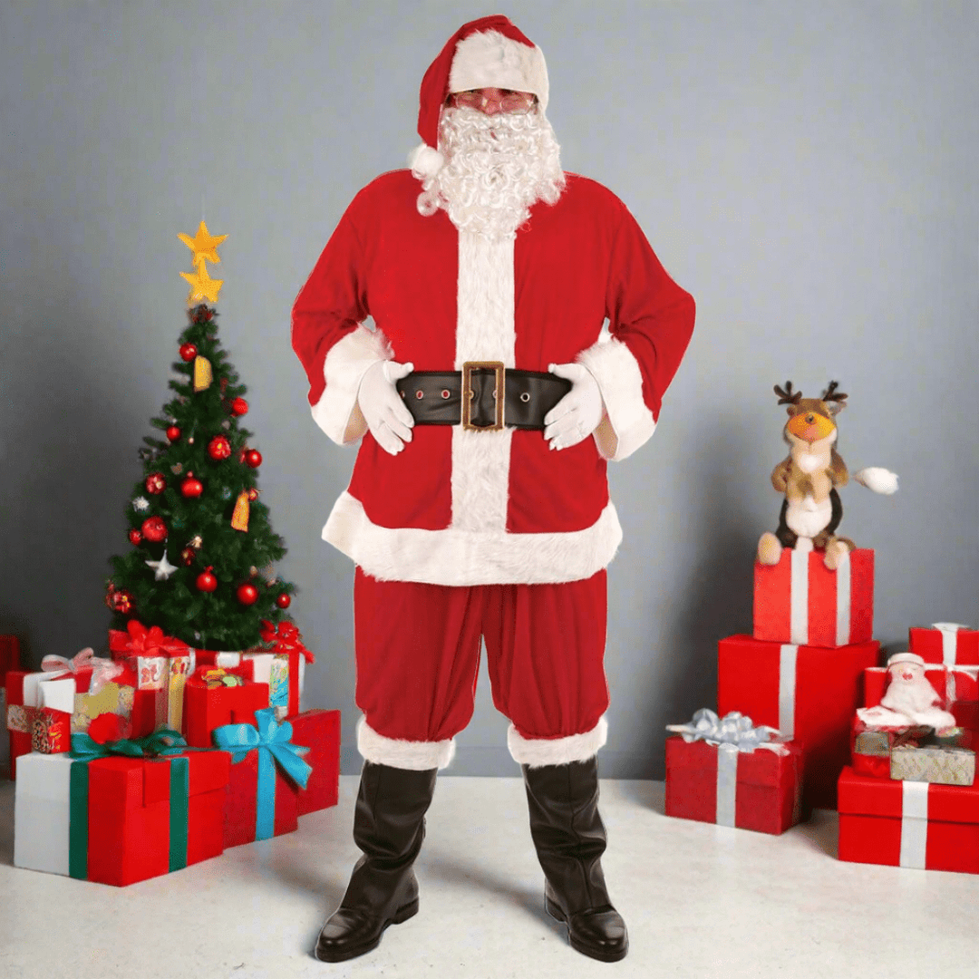 Wicked Santa Deluxe Costume in a Christmas Themed Setting