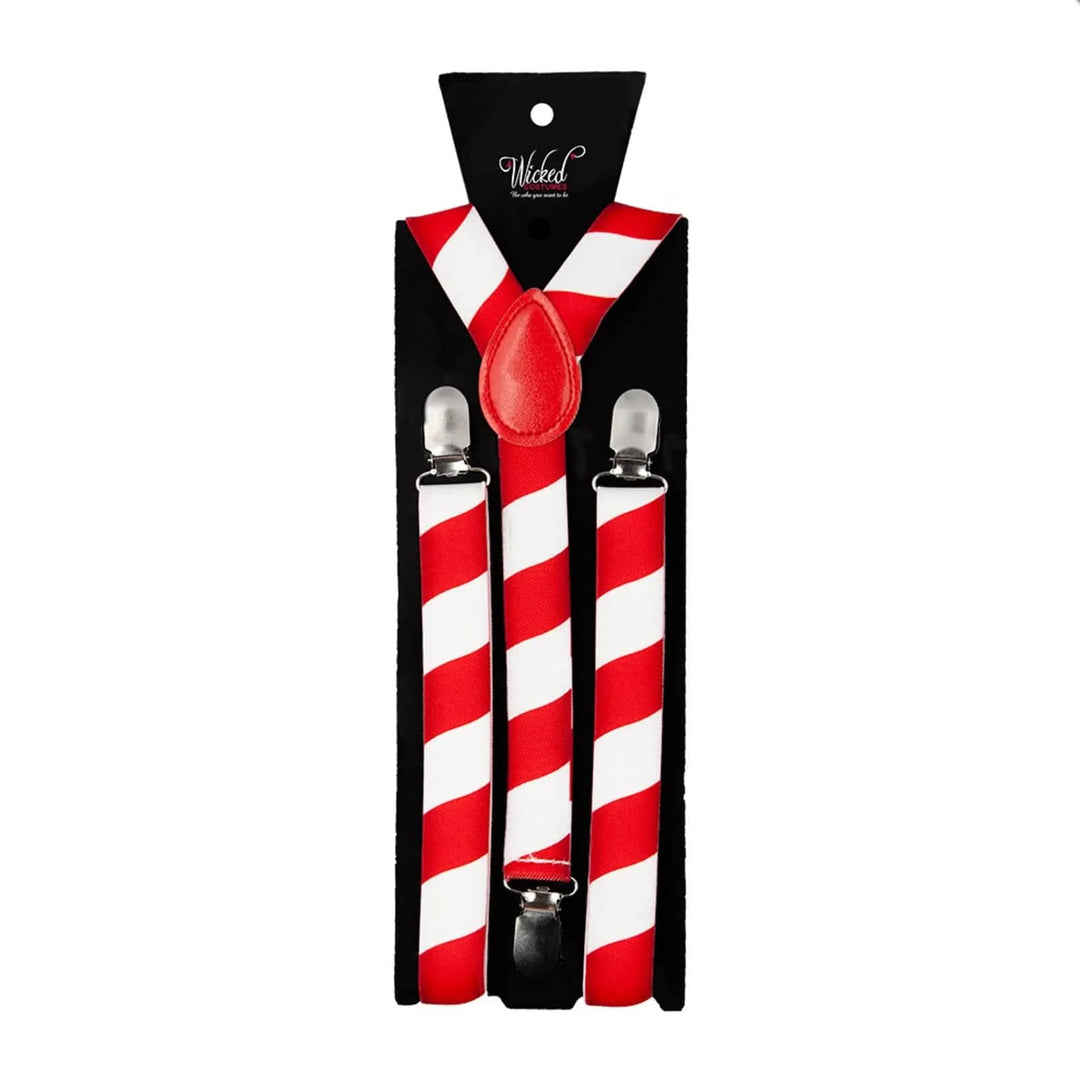 Pair of red and white striped candy came braces for Christmas fancy dress costumes