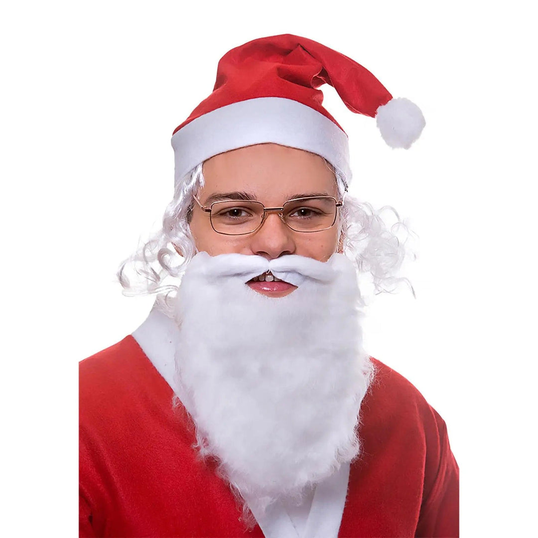 Man wearing a Santa hat, beard and glasses set for Christmas parties