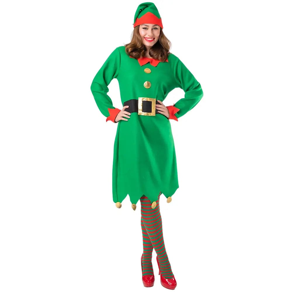 Lady wearing a green elf dress with red trim and matching elf hat