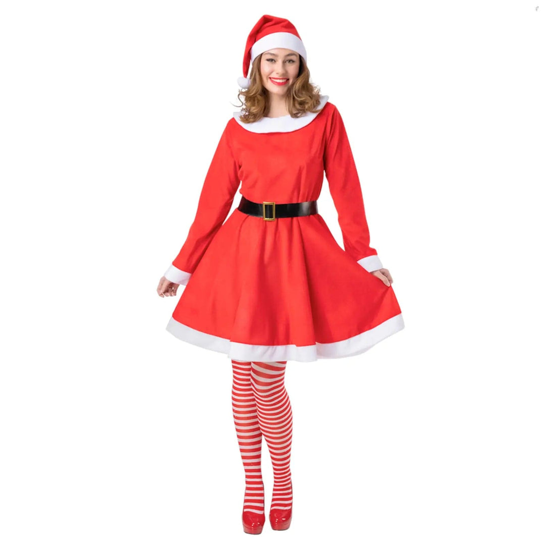 Lady wearing a luxury mrs Santa Claus Christmas costume with black belt and Santa hat