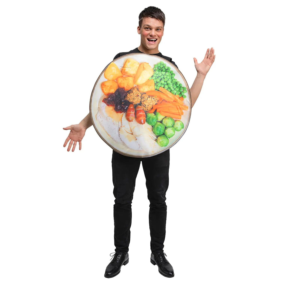 Man wearing a Christmas dinner design fancy dress costume for festive parties